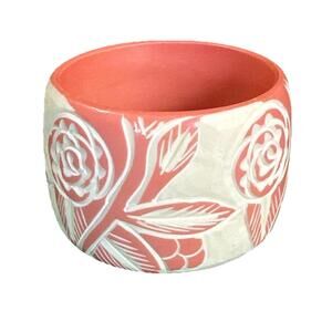 Vintage Pink White Carved Floral Rose 2in Wide Resin Bangle Bracelet Rare